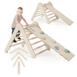 MAMOI® Klettergerüst Indoor, Kletterdreieck Mit Rutsche Aus Holz, Baby Kinder Klettern, Kletterturm Mit Rutschbrett, Kletterbogen Mit Kinderrutsche, Holzbogen Für Spielplatz Ab 1/2/3 Jahre