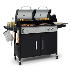 Klarstein Gasgrill Mit Kochplatte, Seitenbrenner Gasgrill Mit 3 Brenner, 8,1kW Edelstahl-Gasgrill, BBQ Gasgrill Für Balkon & Garten, Grill Für Gas & Kohle, Gasgrills Mit Thermometer