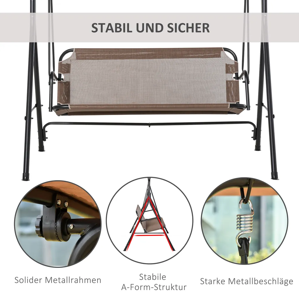 Outsunny 2-Sitzer Hollywoodschaukel Schaukelstuhl Outdoor Gartenliege UV-beständig Hochwertiges Metallrohr Winkeleinstellbar Braun 6 Outsunny 2-Sitzer Hollywoodschaukel Schaukelstuhl Outdoor Gartenliege UV-beständig Hochwertiges Metallrohr Winkeleinstellbar Braun – Bild 6
