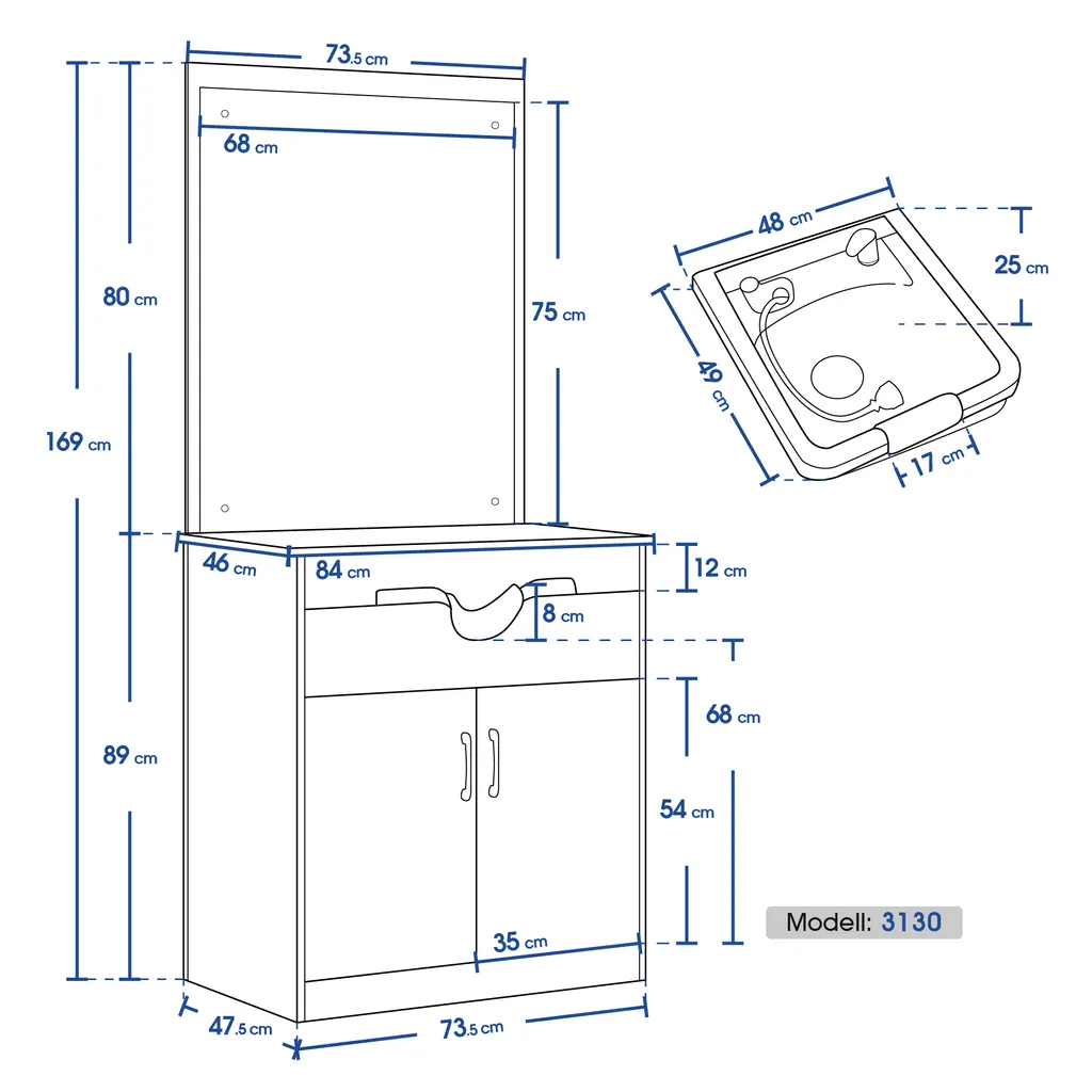 Barberpub Friseur Waschtisch Friseurwaschplatz 3130BK, Mit Waschbecken, Mit Wandspiegel, Mit Unterschrank 80 Cm, Friseur Salon SPA Friseureinrichtung, MFC+PVC, Schwarz, 47,5 X 84 X 169 Cm 9 Barberpub Friseur Waschtisch Friseurwaschplatz 3130BK, Mit Waschbecken, Mit Wandspiegel, Mit Unterschrank 80 Cm, Friseur Salon SPA Friseureinrichtung, MFC+PVC, Schwarz, 47,5 X 84 X 169 Cm – Bild 9