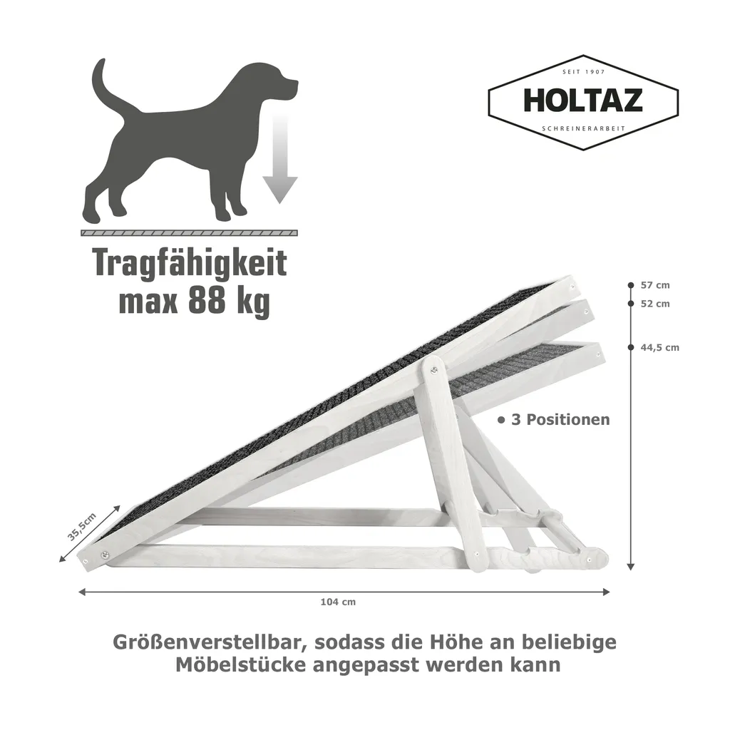 HOLTAZ Hunderampe Haustierrampe Für Bett Oder Sofa Klappbar Verstellbarer Aus Holz Mit Anti-rutsch Einsatz Für Katzen Oder Hunde Weiß 3 HOLTAZ Hunderampe Haustierrampe Für Bett Oder Sofa Klappbar Verstellbarer Aus Holz Mit Anti-rutsch Einsatz Für Katzen Oder Hunde Weiß – Bild 3