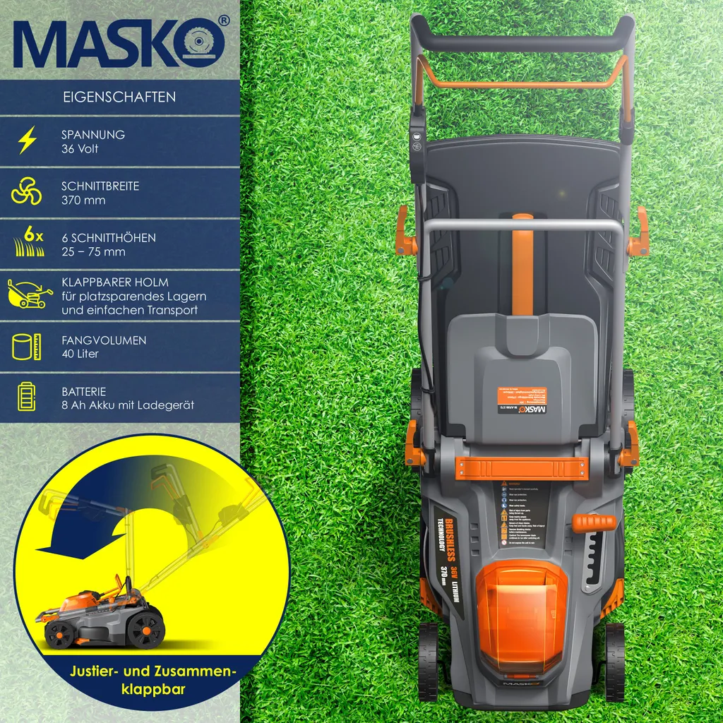 MASKO® Akku Rasenmäher ECO-X10 Inkl. Akkus Li-Ion Batterie 4 Ah & Doppel-Ladegerät – Rasentrimmer Schnittbreite, 25-75mm Schnitthöhenverstellung , Farbe:Schwarz / Orange, Größe:Schnittbreite 37cm 2 MASKO® Akku Rasenmäher ECO-X10 Inkl. Akkus Li-Ion Batterie 4 Ah & Doppel-Ladegerät – Rasentrimmer Schnittbreite, 25-75mm Schnitthöhenverstellung , Farbe:Schwarz / Orange, Größe:Schnittbreite 37cm – Bild 2