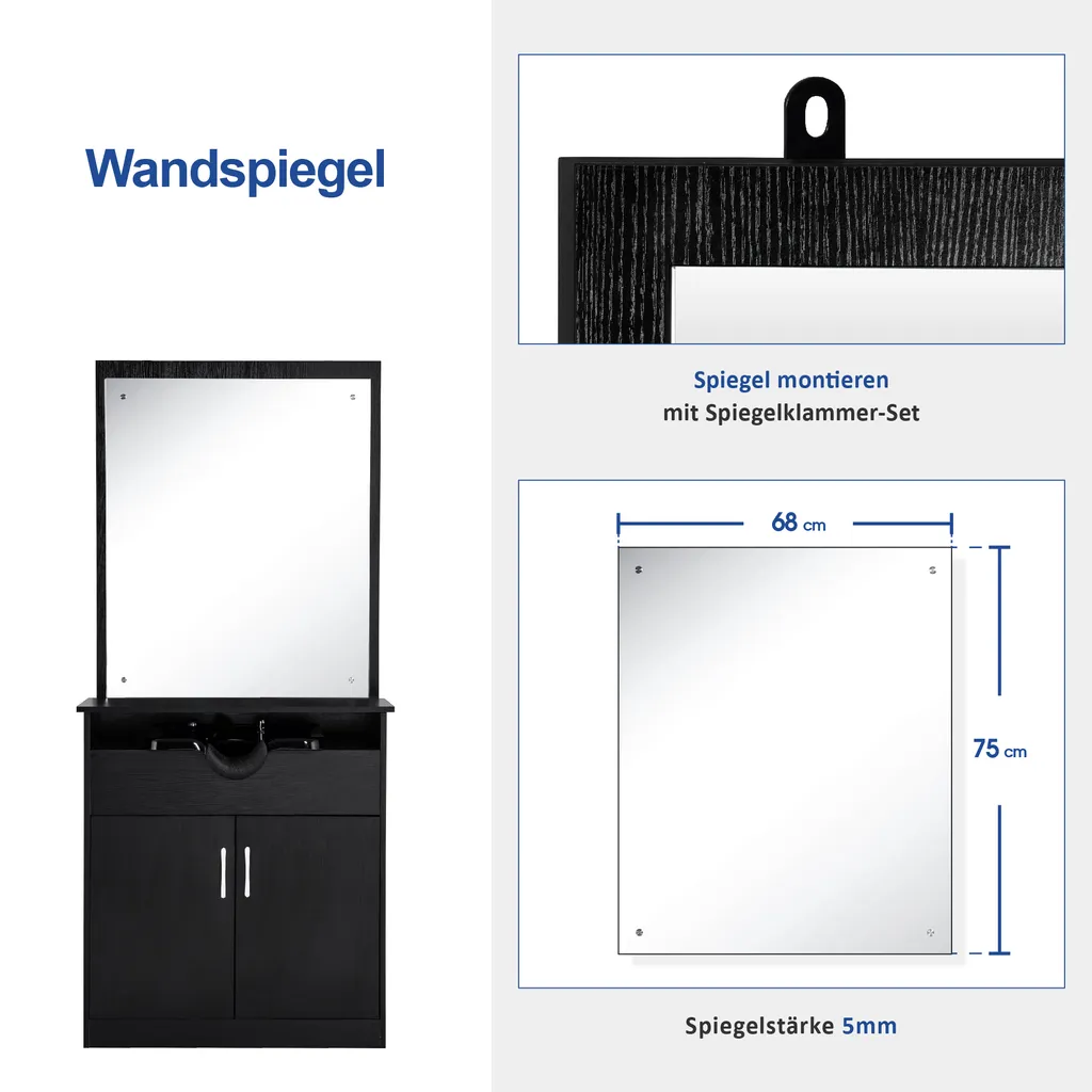Barberpub Friseur Waschtisch Friseurwaschplatz 3130BK, Mit Waschbecken, Mit Wandspiegel, Mit Unterschrank 80 Cm, Friseur Salon SPA Friseureinrichtung, MFC+PVC, Schwarz, 47,5 X 84 X 169 Cm 3 Barberpub Friseur Waschtisch Friseurwaschplatz 3130BK, Mit Waschbecken, Mit Wandspiegel, Mit Unterschrank 80 Cm, Friseur Salon SPA Friseureinrichtung, MFC+PVC, Schwarz, 47,5 X 84 X 169 Cm – Bild 3