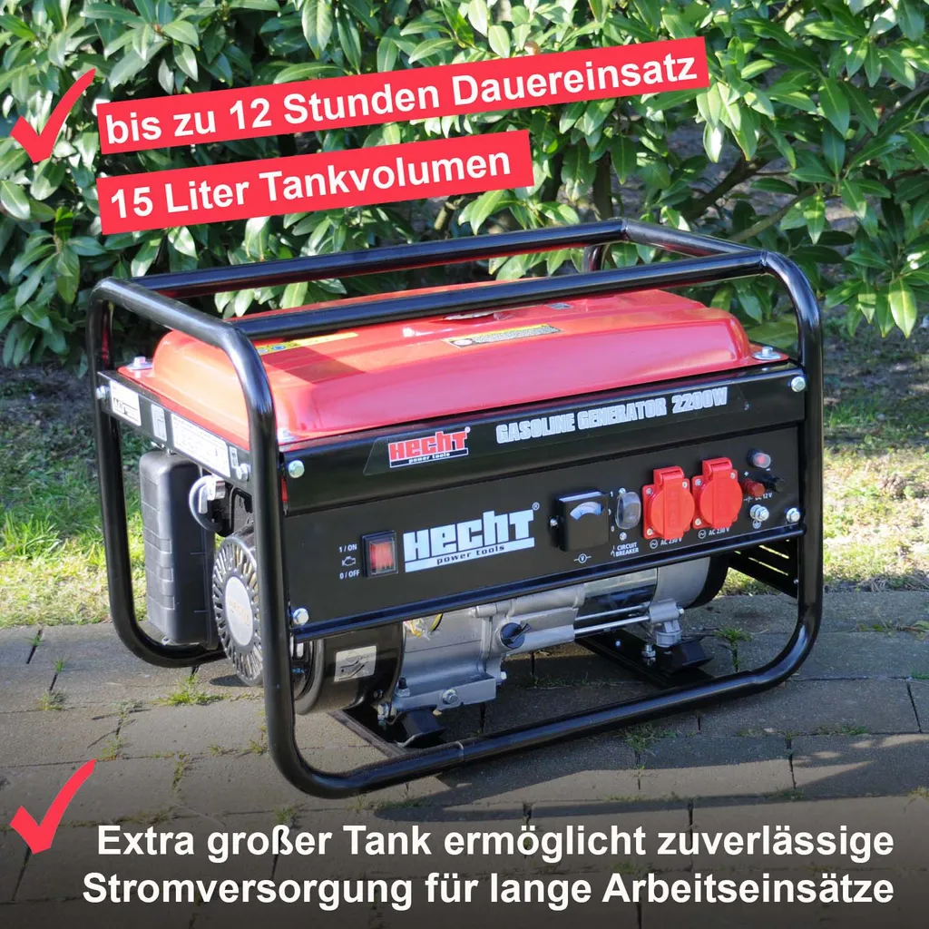 Stromerzeuger 4-Takt Benzin Stromgenerator 2200W Dauerleistung Strom Aggregat Hecht Notstromaggregat 15l Tank 2x230V 1x12V Anschluss 2 Stromerzeuger 4-Takt Benzin Stromgenerator 2200W Dauerleistung Strom Aggregat Hecht Notstromaggregat 15l Tank 2x230V 1x12V Anschluss – Bild 2