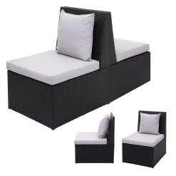 Mendler 2x Poly-Rattan Sessel HWC-G16, Lounge-Rattanstuhl Gartenstuhl, Gastronomie Schwarz, Kissen Hellgrau