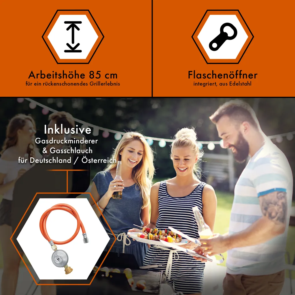 ProfiCook® Gasgrill 3 Brenner + 1 Seitenbrenner, Gas Grill Inkl. Gusseisen-Roste, Gasdruckminderer Und Schlauch, Für 5kg Gasflasche, Gasgrill Mit Kochplatte Und Temperaturanzeige , PC GG 1219 4 ProfiCook® Gasgrill 3 Brenner + 1 Seitenbrenner, Gas Grill Inkl. Gusseisen-Roste, Gasdruckminderer Und Schlauch, Für 5kg Gasflasche, Gasgrill Mit Kochplatte Und Temperaturanzeige , PC GG 1219 – Bild 4