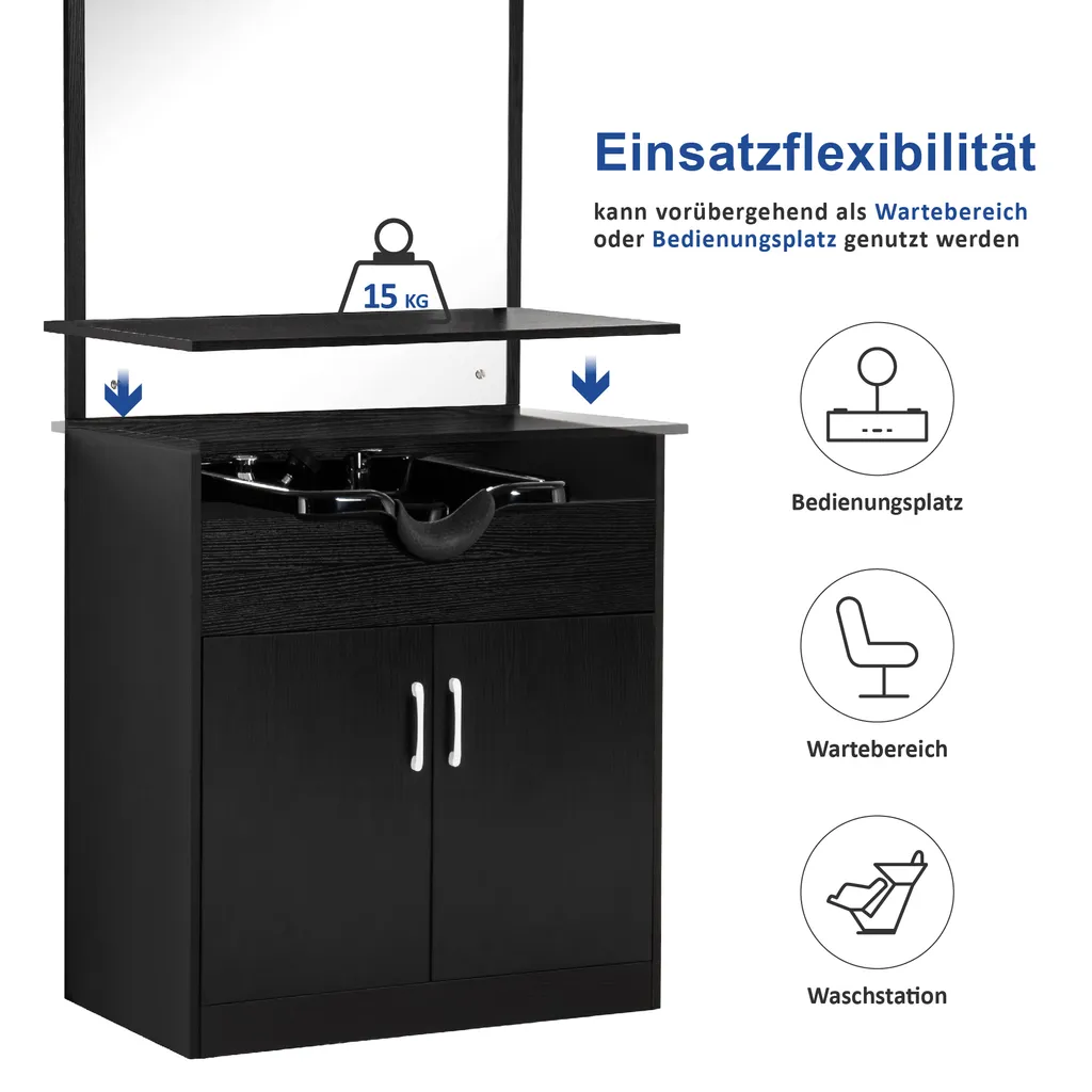 Barberpub Friseur Waschtisch Friseurwaschplatz 3130BK, Mit Waschbecken, Mit Wandspiegel, Mit Unterschrank 80 Cm, Friseur Salon SPA Friseureinrichtung, MFC+PVC, Schwarz, 47,5 X 84 X 169 Cm 5 Barberpub Friseur Waschtisch Friseurwaschplatz 3130BK, Mit Waschbecken, Mit Wandspiegel, Mit Unterschrank 80 Cm, Friseur Salon SPA Friseureinrichtung, MFC+PVC, Schwarz, 47,5 X 84 X 169 Cm – Bild 5