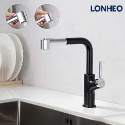 Lonheo Hochdruck Küchenarmatur Ausziehbar 360° Drehbar Wasserhahn Mischbatterie Küche Mit Quadratischem Brausekopf, Küchenwasserhahn Spültischarmatur