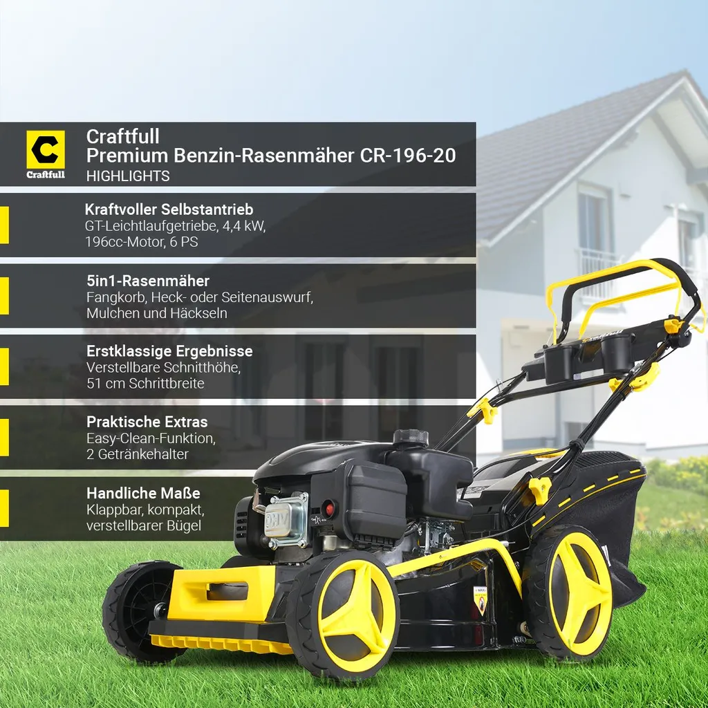 Craftfull Benzinrasenmäher CR-196-20, 51 Cm Schnittbreite, Benzin Rasenmäher Mit Radantrieb Inkl. Rasenkamm, 196 Cc, 4,4 KW / 6PS, Euro 5 Norm, 5in1, Marken Motor, GT-Markengetriebe, 8 Stufen Höhenverstellbar, 62 Liter Fangsack, Easy-Clean-Funktion 2 Craftfull Benzinrasenmäher CR-196-20, 51 Cm Schnittbreite, Benzin Rasenmäher Mit Radantrieb Inkl. Rasenkamm, 196 Cc, 4,4 KW / 6PS, Euro 5 Norm, 5in1, Marken Motor, GT-Markengetriebe, 8 Stufen Höhenverstellbar, 62 Liter Fangsack, Easy-Clean-Funktion – Bild 2