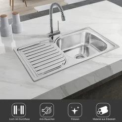 Midori © MIDORI® Edelstahl Spüle Küchenspüle Einbauspüle Spülbecken 1 Becken Mit Abtropffläche Links 76x43cm