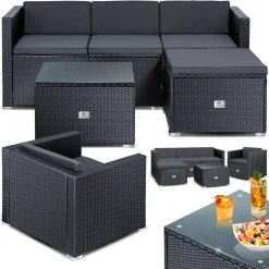 KESSER® Polyrattan Lounge Aruba – Gartenlounge Für 4-5 Personen Gartenmöbel-Set Sitzgruppe Aus 3er Gartensofa, Sessel, Hocker Und Beistelltisch Mit Sitzkissen - Für Garten, Terrasse Und Balkon, Farbe:Anthrazit