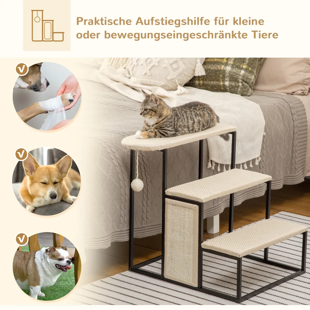 PawHut Haustiertreppe 3-stufige Katzentreppe Hundetreppe Mit Kratzbrett Und Spielball Einstieghilfe Praktische & Leichte Tiertreppe Stahl Sisal Cremeweiß+Schwarz 51 X 54 X 53cm 6 PawHut Haustiertreppe 3-stufige Katzentreppe Hundetreppe Mit Kratzbrett Und Spielball Einstieghilfe Praktische & Leichte Tiertreppe Stahl Sisal Cremeweiß+Schwarz 51 X 54 X 53cm – Bild 6