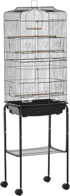 PawHut Vogelkäfig Mit Futterbehälter Holzschaukel Voliere Mit Türen Holzstangen Vogelbauer Mit Aufbewahrungskorb Für Kleine Vögel Metalldraht Stahlrohr Holz PS Schwarz 46,5 X 36 X 157 Cm