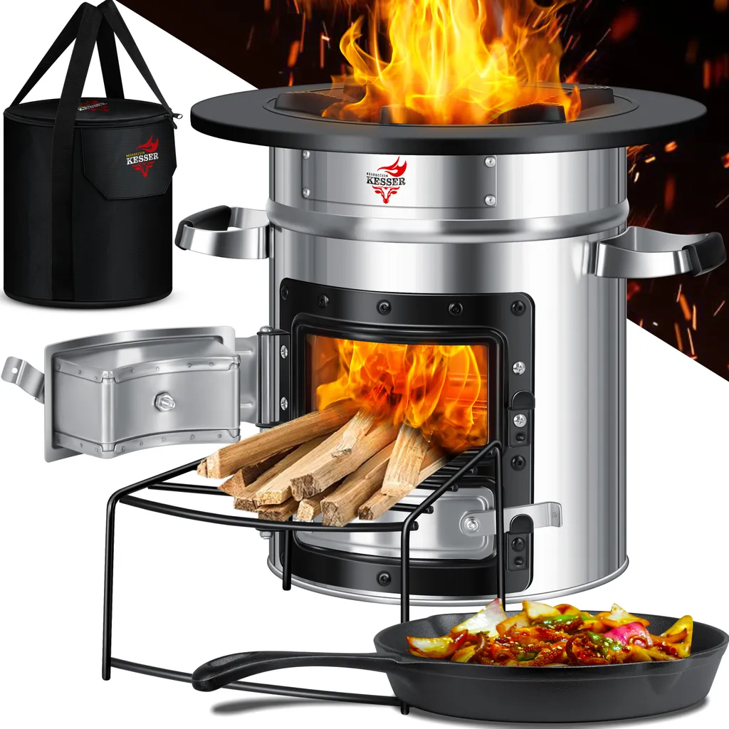 KESSER® Raketenofen Inkl. Grillpfanne Aus Gusseisen Mit Tragetasche Dutch Oven BBQ Rakete Holzofen Camping Campingkocher Campinggrill, Edelstahl, Farbe:Silber 2 KESSER® Raketenofen Inkl. Grillpfanne Aus Gusseisen Mit Tragetasche Dutch Oven BBQ Rakete Holzofen Camping Campingkocher Campinggrill, Edelstahl, Farbe:Silber – Bild 2