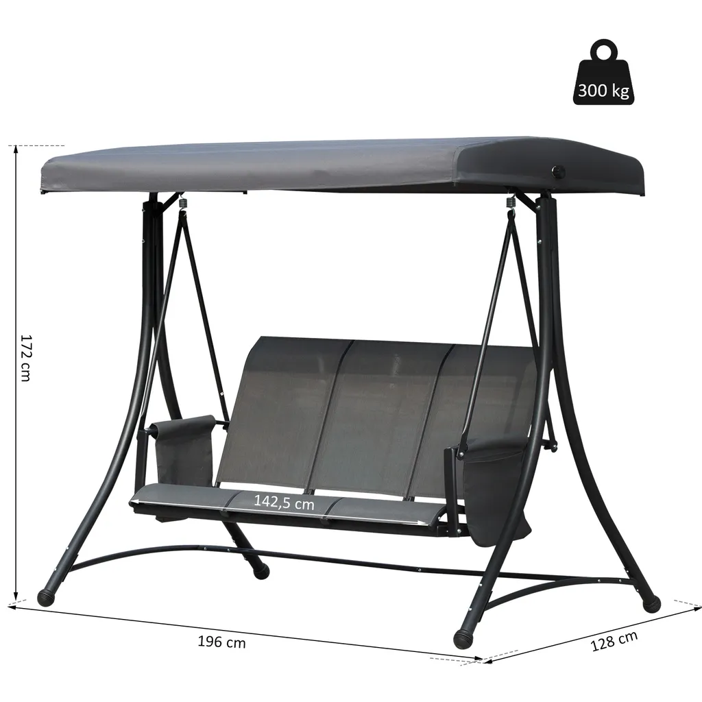 Outsunny 3-Sitzer Hollywoodschaukel, Gartenschaukel Mit Sonnendach, Schaukelbank Mit Ablage, Aluminium, Grau, 196 X 128 X 172 Cm 5 Outsunny 3-Sitzer Hollywoodschaukel, Gartenschaukel Mit Sonnendach, Schaukelbank Mit Ablage, Aluminium, Grau, 196 X 128 X 172 Cm – Bild 5