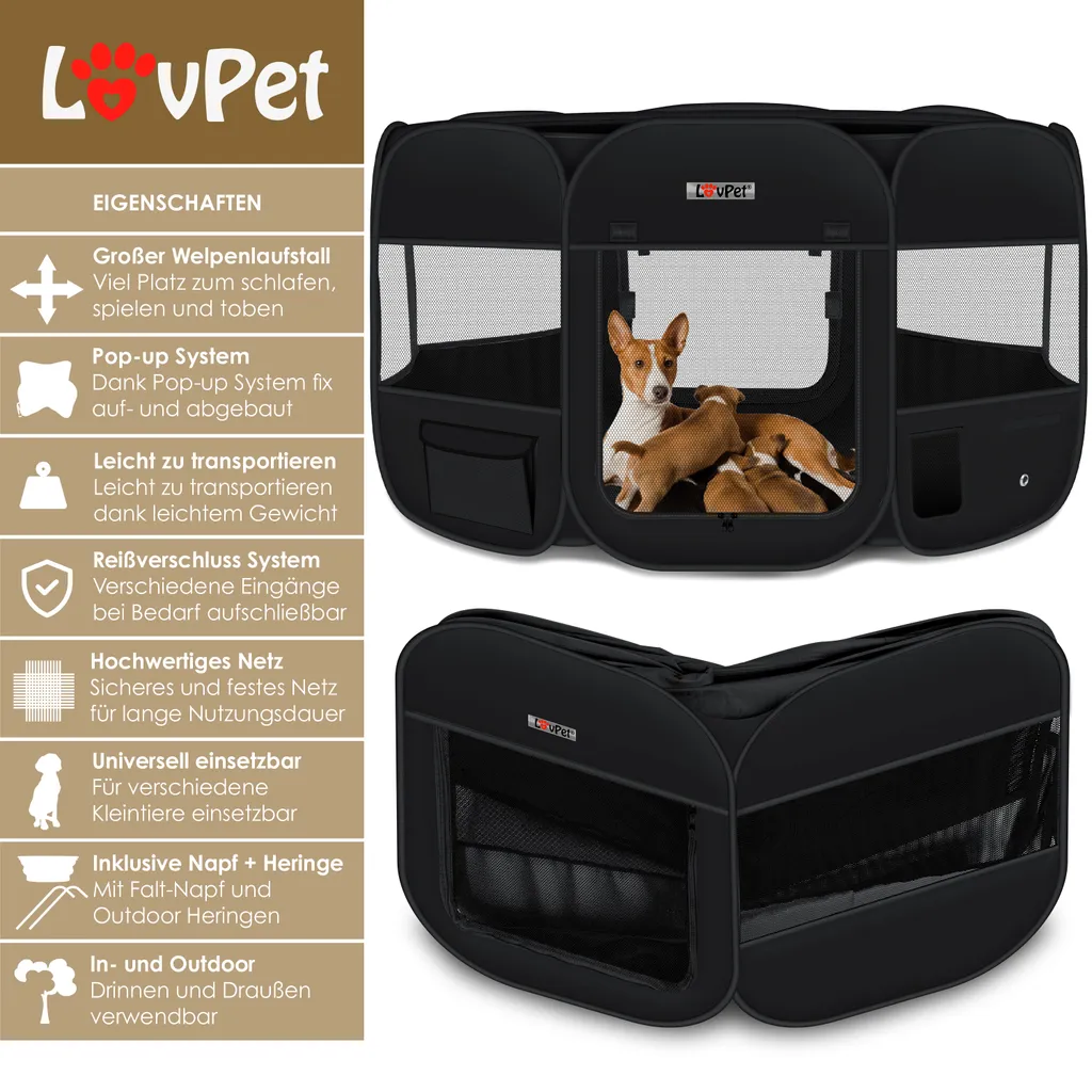 LOVPET® Welpenlaufstall Tierlaufstall Faltbar Für Kleintiere Hunde, Katzen Inkl. Hundenapf Hundelaufstall Freigehege Oxfordgewebe Pop-up System Indoor & Outdoor, Farbe:Schwarz 4 LOVPET® Welpenlaufstall Tierlaufstall Faltbar Für Kleintiere Hunde, Katzen Inkl. Hundenapf Hundelaufstall Freigehege Oxfordgewebe Pop-up System Indoor & Outdoor, Farbe:Schwarz – Bild 4