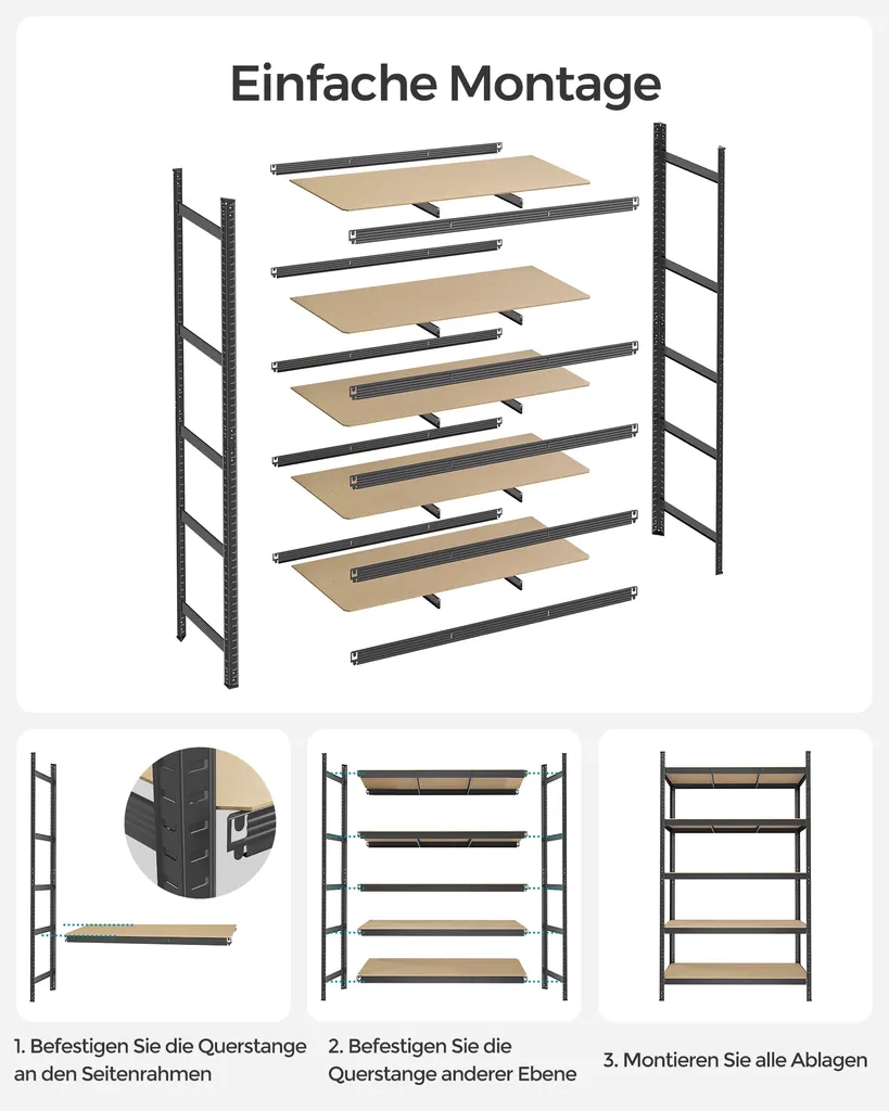 SONGMICS Schwerlastregal, Stahl, Regal, Kein Werkzeug Erforderlich, Lagerregal, Für Garage, Keller, Lagerraum, Werkzeug, Fitnessgerät, Bis 875 Kg Belastbar, 60 X 120 X 200 Cm, Grau GLR060G01 4 SONGMICS Schwerlastregal, Stahl, Regal, Kein Werkzeug Erforderlich, Lagerregal, Für Garage, Keller, Lagerraum, Werkzeug, Fitnessgerät, Bis 875 Kg Belastbar, 60 X 120 X 200 Cm, Grau GLR060G01 – Bild 4