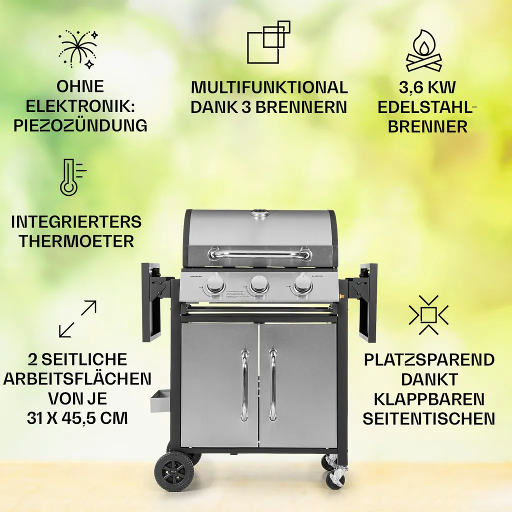 Klarstein Gasgrill Mit Großer Grillfläche, Gasgrill Mit 3 Brenner, 10,8 KW Edelstahl-Gasgrill, BBQ Gasgrill Für Balkon & Garten, Grill Für Propangas, Gasgrills Mit Seitentischen & Thermometer 2 Klarstein Gasgrill Mit Großer Grillfläche, Gasgrill Mit 3 Brenner, 10,8 KW Edelstahl-Gasgrill, BBQ Gasgrill Für Balkon & Garten, Grill Für Propangas, Gasgrills Mit Seitentischen & Thermometer – Bild 2