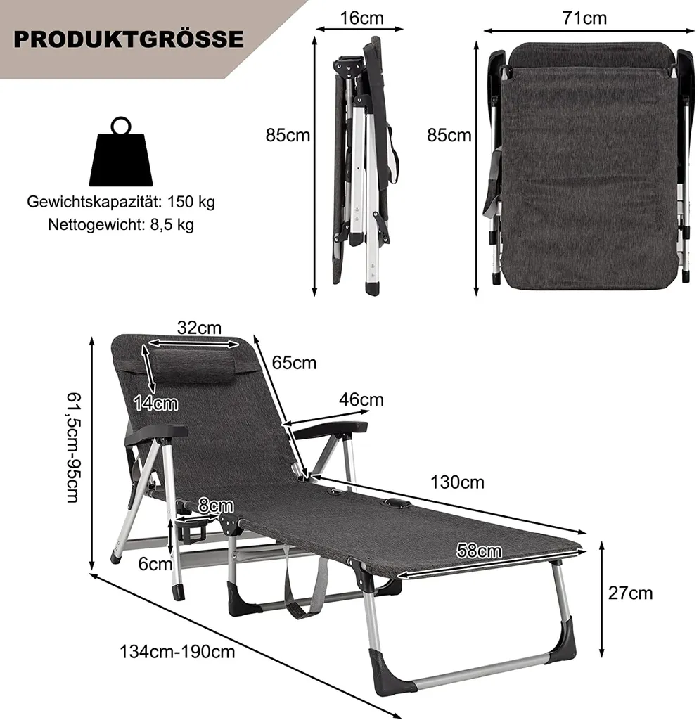 COSTWAY Sonnenliege Klappbar, Liegestuhl Mit 7 Einstellbaren Rücklehnpositionen, Gartenstuhl Relaxliege Mit Tassenhalter, Für Die Terrasse, Garten Und Am Pool (Grau) 6 COSTWAY Sonnenliege Klappbar, Liegestuhl Mit 7 Einstellbaren Rücklehnpositionen, Gartenstuhl Relaxliege Mit Tassenhalter, Für Die Terrasse, Garten Und Am Pool (Grau) – Bild 6