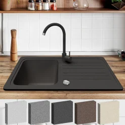 Aquamarin® Spülbecken - Granit, Set, Ca. 75,9 X 45,9 Cm, Mit Ablaufgarnitur, Schwarzem Wasserhahn, Umkehrbarer Abtropffläche, Rechteckig, Schwarz - Einbauspüle, Spüle, Verbundspüle, Küchenspüle