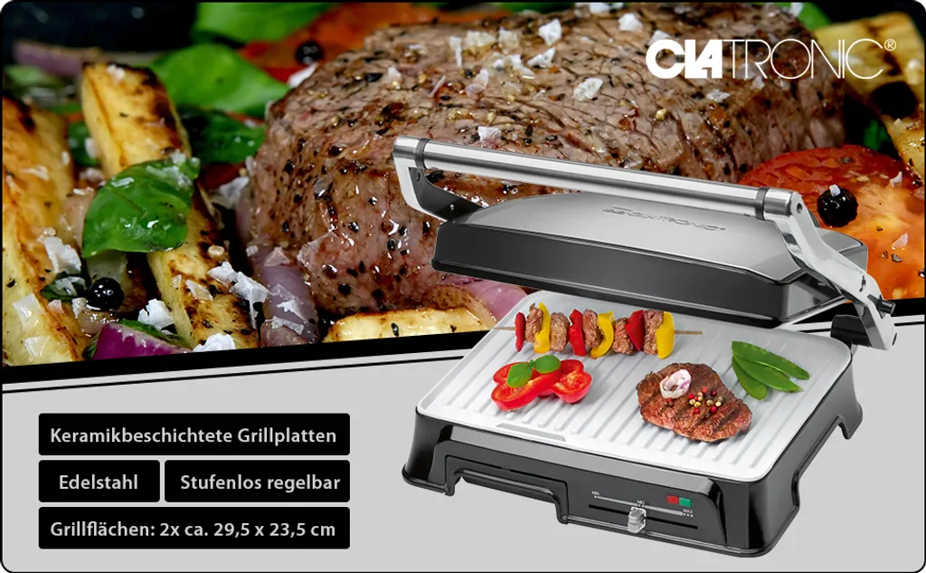 Clatronic KG 3571 Elektrischer Kontaktgrill, Multigrill, Für Beidseitiges & Fettfreies Grillen, Antihaftbeschichtete Platten, Kabelaufwicklung, 2000 Watt, Edelstahl 13 Clatronic KG 3571 Elektrischer Kontaktgrill, Multigrill, Für Beidseitiges & Fettfreies Grillen, Antihaftbeschichtete Platten, Kabelaufwicklung, 2000 Watt, Edelstahl – Bild 13