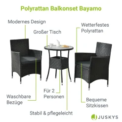 Juskys Polyrattan Balkon Set Bayamo 2 Personen – Tisch Mit Glasplatte & 2 Stühlen – Wetterfeste Balkonmöbel – Auflagen Waschbar – Schwarz – Grau -Garten- & Gewächshäuser Geschäft 132de967a51e852568ba32d18d23171b