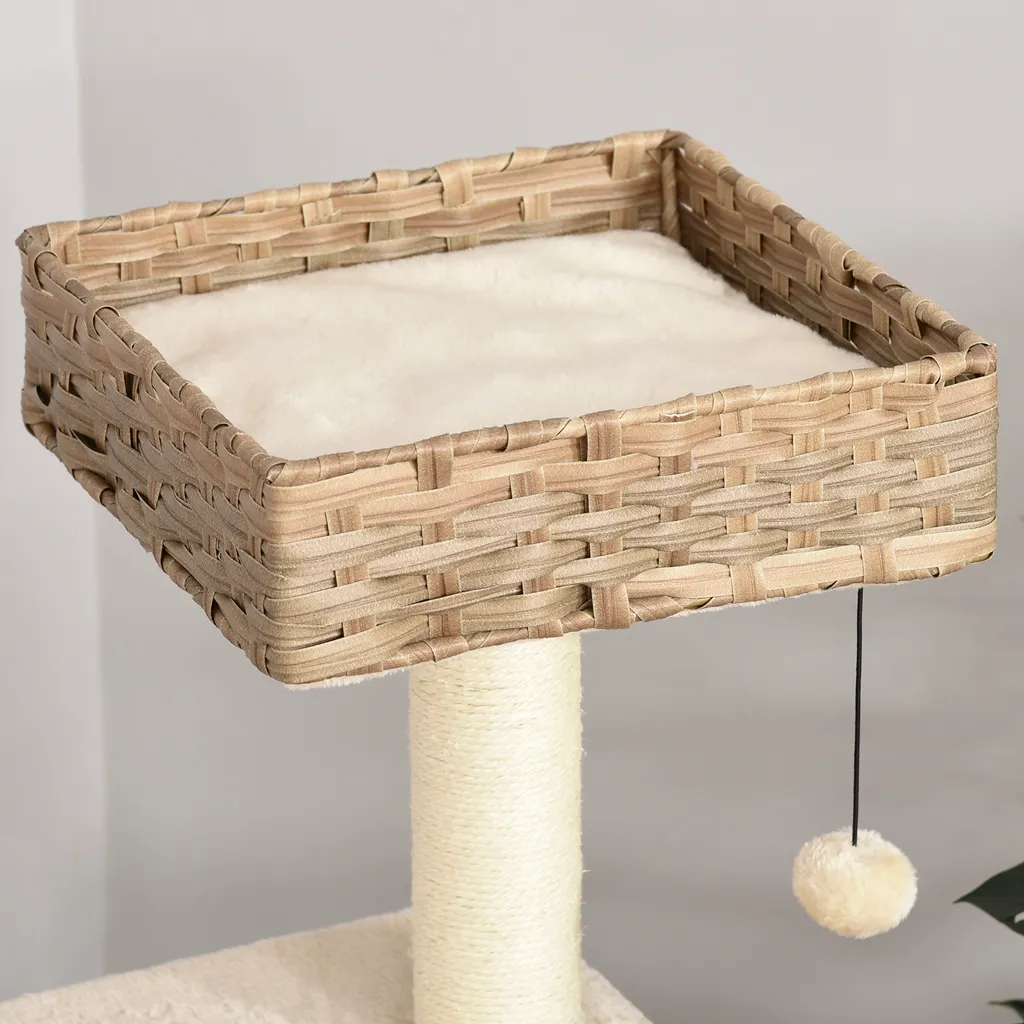 PawHut Rattan Katzenbaum Kratzbaum Kätzchen Möbel Mit Katzenhöhle Ballspielzeug Sisal Weiche Plüsch PE Höhe 108 Cm Braun+Beige 7 PawHut Rattan Katzenbaum Kratzbaum Kätzchen Möbel Mit Katzenhöhle Ballspielzeug Sisal Weiche Plüsch PE Höhe 108 Cm Braun+Beige – Bild 7