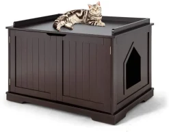 COSTWAY Katzenhaus Katzenhöhle mit Bett, Geschlossene Katzentoilette Mit Eingang, Haustierbox Haustierkiste Aus Holzstruktur, Großes Katzenklo Katzenschrank Für Katzen Hunde Haustier (Braun)