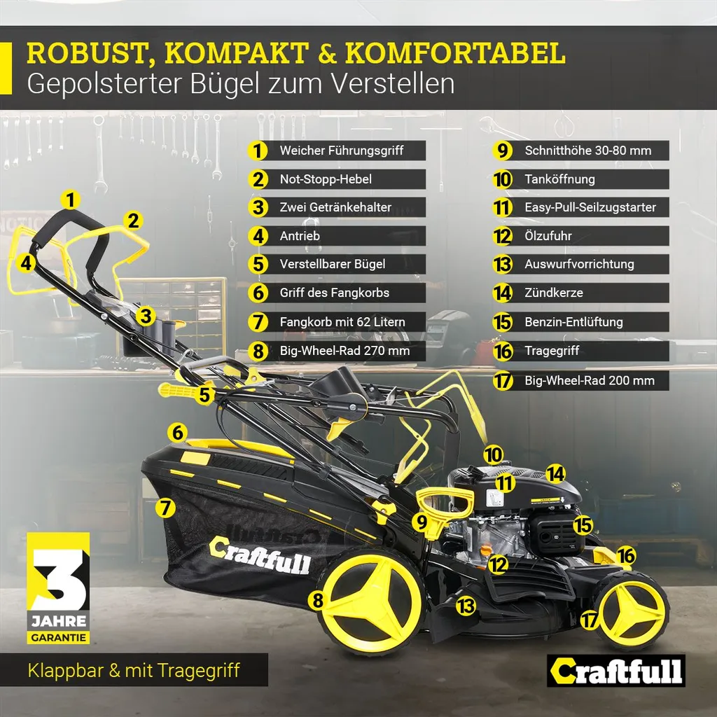Craftfull Benzinrasenmäher CR-196-20, 51 Cm Schnittbreite, Benzin Rasenmäher Mit Radantrieb Inkl. Rasenkamm, 196 Cc, 4,4 KW / 6PS, Euro 5 Norm, 5in1, Marken Motor, GT-Markengetriebe, 8 Stufen Höhenverstellbar, 62 Liter Fangsack, Easy-Clean-Funktion 7 Craftfull Benzinrasenmäher CR-196-20, 51 Cm Schnittbreite, Benzin Rasenmäher Mit Radantrieb Inkl. Rasenkamm, 196 Cc, 4,4 KW / 6PS, Euro 5 Norm, 5in1, Marken Motor, GT-Markengetriebe, 8 Stufen Höhenverstellbar, 62 Liter Fangsack, Easy-Clean-Funktion – Bild 7
