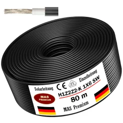 MAS-Premium 80m Solarleitung Solarkabel H1Z2Z2-K 6 Mm² Schwarz Photovoltaik Halogenfrei