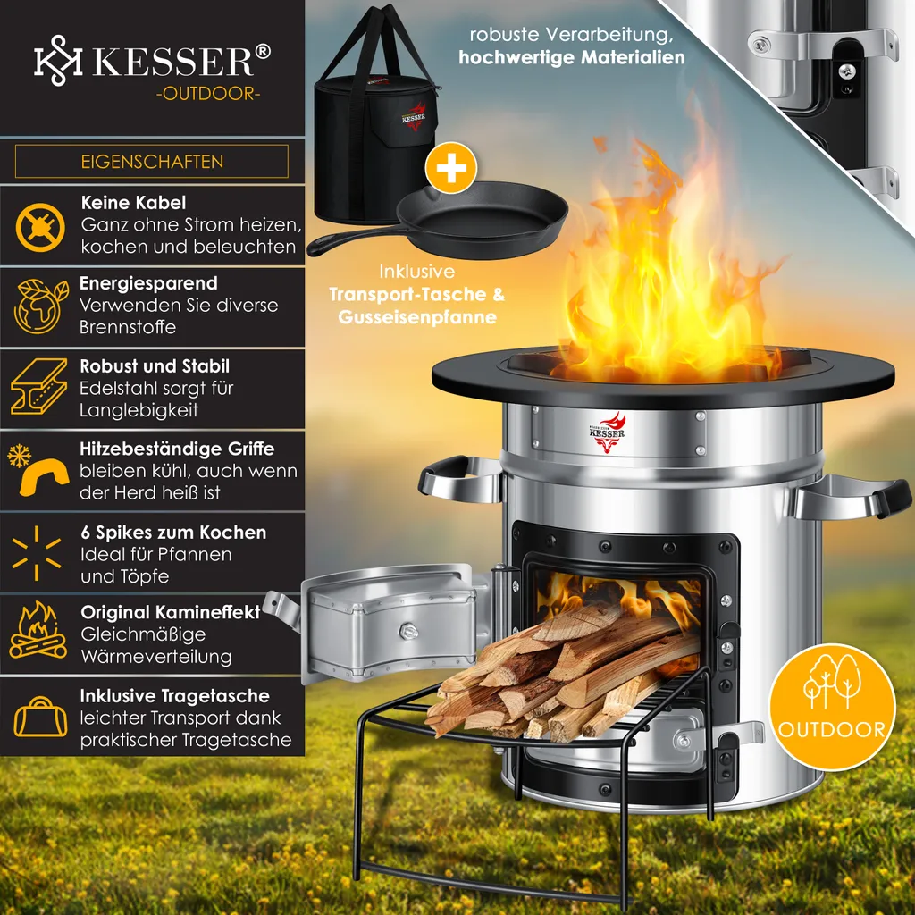 KESSER® Raketenofen Inkl. Grillpfanne Aus Gusseisen Mit Tragetasche Dutch Oven BBQ Rakete Holzofen Camping Campingkocher Campinggrill, Edelstahl, Farbe:Silber 3 KESSER® Raketenofen Inkl. Grillpfanne Aus Gusseisen Mit Tragetasche Dutch Oven BBQ Rakete Holzofen Camping Campingkocher Campinggrill, Edelstahl, Farbe:Silber – Bild 3