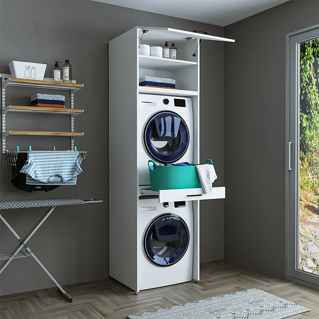 Roomartstore.de Roomart - Waschmaschinenschrank Für Trockner & Waschmaschine - Mit Ausziehbrett - Weiß - Schwarz Eiche: Weiß / + Ohne Klappschrank 21 Roomartstore.de Roomart - Waschmaschinenschrank Für Trockner & Waschmaschine - Mit Ausziehbrett - Weiß - Schwarz Eiche: Weiß / + Ohne Klappschrank – Bild 21