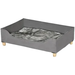 PawHut Haustiersofa Katzensofa Hundematte Hundecouch Hundebett Mit Kissen Indoor Modernes Sofa Für Kleine Hunde Weich Gepolstert Waschbarer Bezug Kiefernholz Grau 81 X 56 X 23,5 Cm