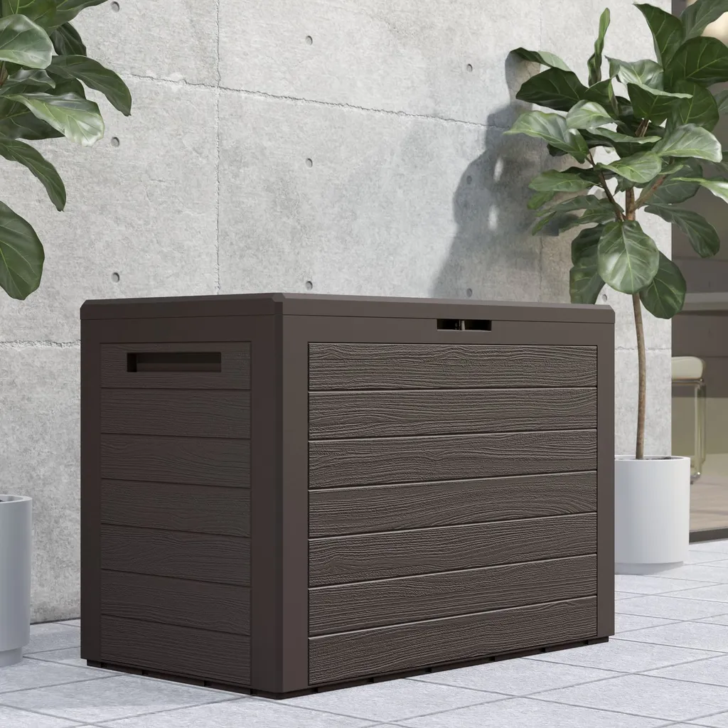 Deuba Auflagenbox 190 L Holz-Optik Wasserabweisend Deckel Abschließbar Garten Balkonbox Gartenbox Truhe , Farbe:braun 8 Deuba Auflagenbox 190 L Holz-Optik Wasserabweisend Deckel Abschließbar Garten Balkonbox Gartenbox Truhe , Farbe:braun – Bild 8