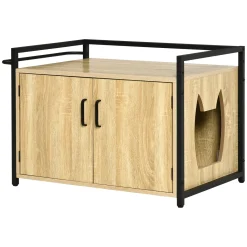 PawHut Katzenschrank Für Katzentoilette Katzenklo Beistelltisch Katzenhaus Katzenkommode Schrank Spanplatte Naturholz 82,3 X 51 X 54 Cm