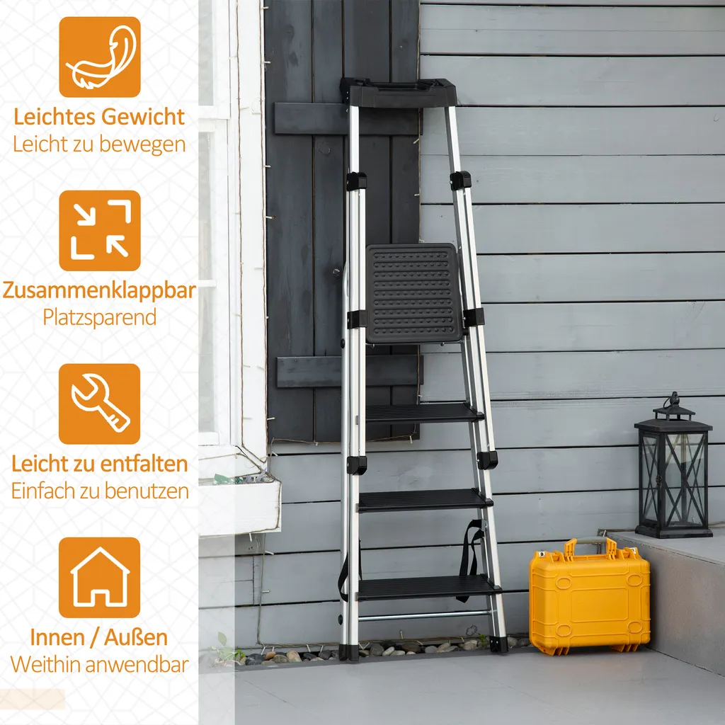 DURHAND Klapptritt Stehleiter Mit 4 Stufen Rutschfest Rostfrei Leiter Gerüstbock Mit Werkzeugablage Handlauf Bis 150 Kg Belastbar Inkl. Anti-Rutsch-Füße Alu 45,5 X 82 X 145 Cm 4 DURHAND Klapptritt Stehleiter Mit 4 Stufen Rutschfest Rostfrei Leiter Gerüstbock Mit Werkzeugablage Handlauf Bis 150 Kg Belastbar Inkl. Anti-Rutsch-Füße Alu 45,5 X 82 X 145 Cm – Bild 4