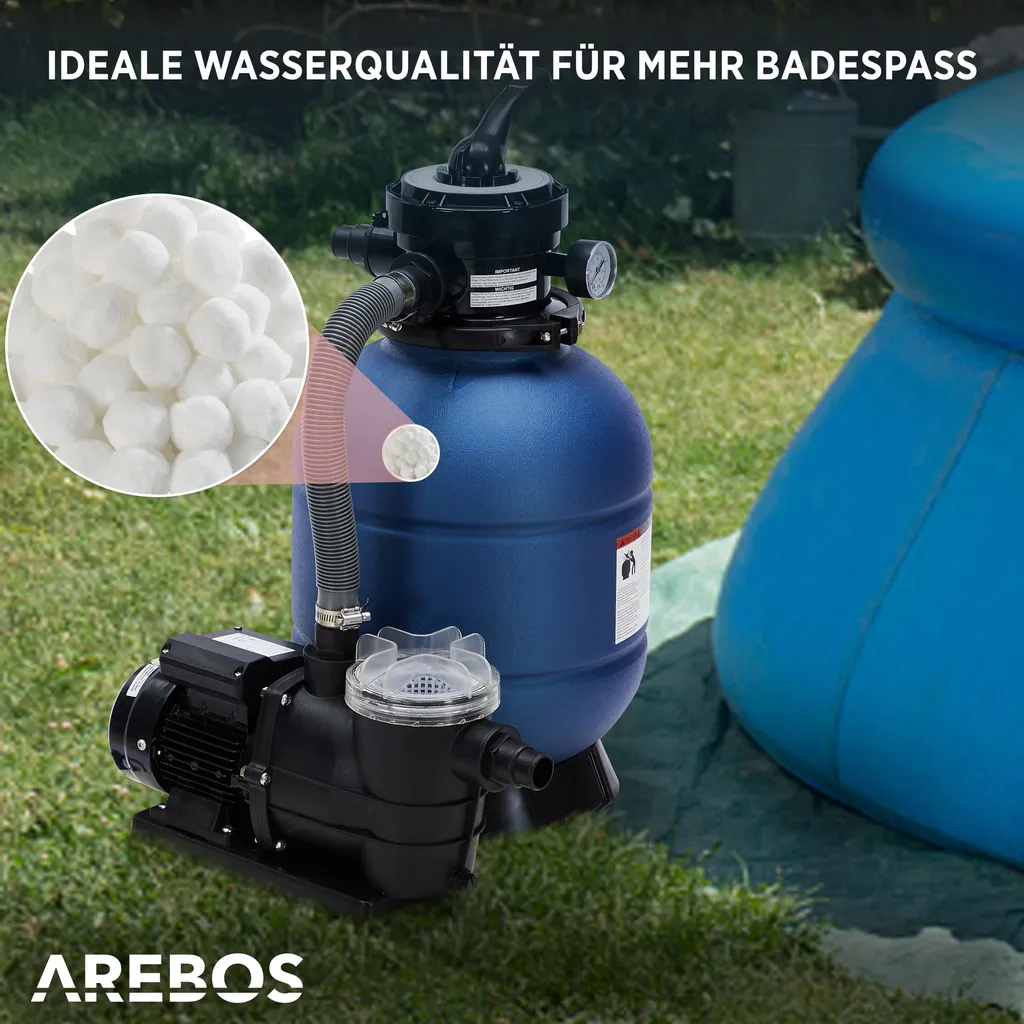 AREBOS Sandfilteranlage Mit Pumpe | 400W | 10.200 L/h | Tankvolumen Bis Zu 20 Kg Sand | 7 - Wege Ventil Mit Griff | Mit Druckmanometer | Inkl. 1400g Filterbälle | Inkl. 2m Schlauch | Blau 6 AREBOS Sandfilteranlage Mit Pumpe | 400W | 10.200 L/h | Tankvolumen Bis Zu 20 Kg Sand | 7 - Wege Ventil Mit Griff | Mit Druckmanometer | Inkl. 1400g Filterbälle | Inkl. 2m Schlauch | Blau – Bild 6