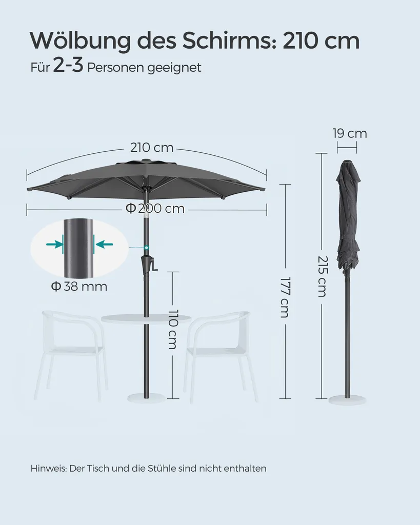 SONGMICS Sonnenschirm 210 Cm, UPF 50+, Beidseitig Um 30° Knickbar, Sonnenschutz, Mit Kurbel Zum Öffnen/Schließen, Grau GPU202G01 7 SONGMICS Sonnenschirm 210 Cm, UPF 50+, Beidseitig Um 30° Knickbar, Sonnenschutz, Mit Kurbel Zum Öffnen/Schließen, Grau GPU202G01 – Bild 7
