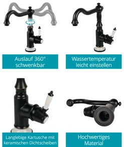 Calmwaters® Spültischarmatur Im Vintage-Look, Küchenarmatur Mit Keramikkartusche, Retro-Wasserhahn Küche, 360° Drehbar, Einhebelmischer Spüle, Weiße Keramik-Details, Messing, Schwarz, 12PZ5606