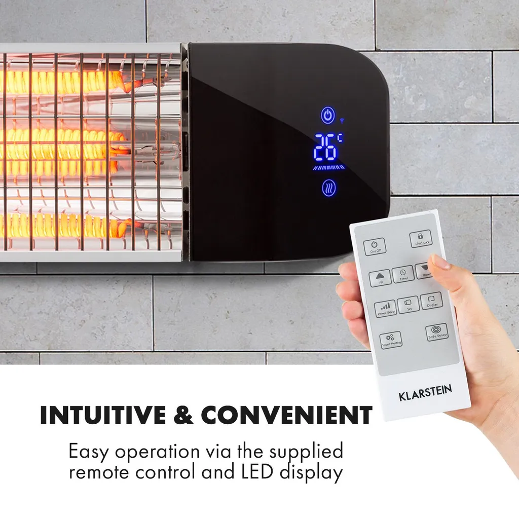 Klarstein Smartwave Infrarot-Heizstrahler Terrassenheizstrahler , IR ComfortHeat , Carbonfaserröhre , 2400 Watt , Thermostat , Appsteuerung , OpenWindow Detection , Indoor & Outdoor , IP65 , Wand- Oder Deckenmontage , Aluminiumgehäuse , Fernbedienung , Weiß 5 Klarstein Smartwave Infrarot-Heizstrahler Terrassenheizstrahler , IR ComfortHeat , Carbonfaserröhre , 2400 Watt , Thermostat , Appsteuerung , OpenWindow Detection , Indoor & Outdoor , IP65 , Wand- Oder Deckenmontage , Aluminiumgehäuse , Fernbedienung , Weiß – Bild 5