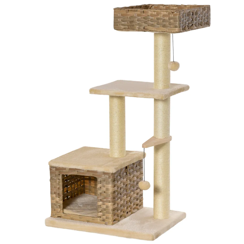 PawHut Rattan Katzenbaum Kratzbaum Kätzchen Möbel Mit Katzenhöhle Ballspielzeug Sisal Weiche Plüsch PE Höhe 108 Cm Braun+Beige 1 PawHut Rattan Katzenbaum Kratzbaum Kätzchen Möbel Mit Katzenhöhle Ballspielzeug Sisal Weiche Plüsch PE Höhe 108 Cm Braun+Beige