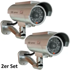 O&W Security 2er Set Überwachungskameraattrappe, Mit Solarpanel Und Blinkender LED, Im Realistischen Design