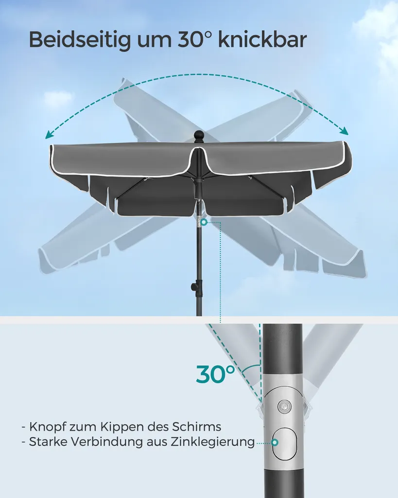SONGMICS Sonnenschirm 200 X 125 Cm, UPF 50+, Sonnenschutz, Beidseitig Um 30° Knickbar, Höhenverstellbar, Mit Aufbewahrungstasche, Grau GPU25GY 3 SONGMICS Sonnenschirm 200 X 125 Cm, UPF 50+, Sonnenschutz, Beidseitig Um 30° Knickbar, Höhenverstellbar, Mit Aufbewahrungstasche, Grau GPU25GY – Bild 3