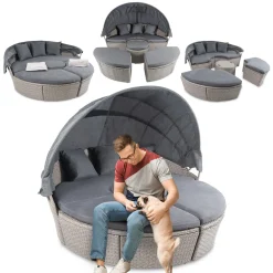 Di Volio Polyrattan Sonneninsel MILANO - Garteninsel Mit Faltbarem Sonnendach & Hocker-Tisch Im Exklusiven Rattan-Design Inkl. Zwei Fleecedecken