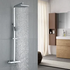 Aihom Homelody Dusche Duschsystem Mit Thermostat Regendusche 2 Funktionen Duschset Edelstahl Duschsäule Mit Kopfbrause, Handbrause Und Verstellbarer Duschstange Duscharmatur Anti-Verbrühungs-Duschsystem