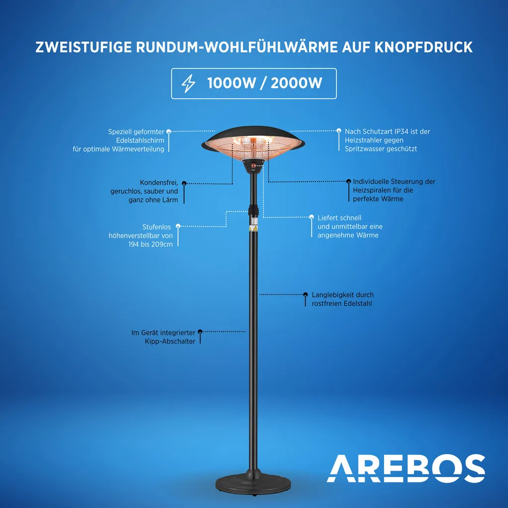 AREBOS - Standheizstrahler, Wärmelampe, Terrassenheizstrahler, 2 Heizstufen, Schwarz 3 AREBOS - Standheizstrahler, Wärmelampe, Terrassenheizstrahler, 2 Heizstufen, Schwarz – Bild 3
