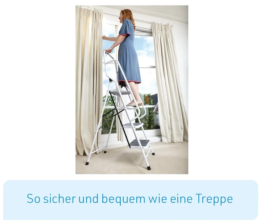 MediaShop Sicherheitsleiter Mit Handlauf - Leichte Trittleiter Mit 4 Stufen Für 96 Cm Höheren Stand, Rutschfeste Gummiflächen - Plattform, Klapptrittleiter Mit Sicherheitsgeländer – Bis 150kg Belastung 2 MediaShop Sicherheitsleiter Mit Handlauf - Leichte Trittleiter Mit 4 Stufen Für 96 Cm Höheren Stand, Rutschfeste Gummiflächen - Plattform, Klapptrittleiter Mit Sicherheitsgeländer – Bis 150kg Belastung – Bild 2