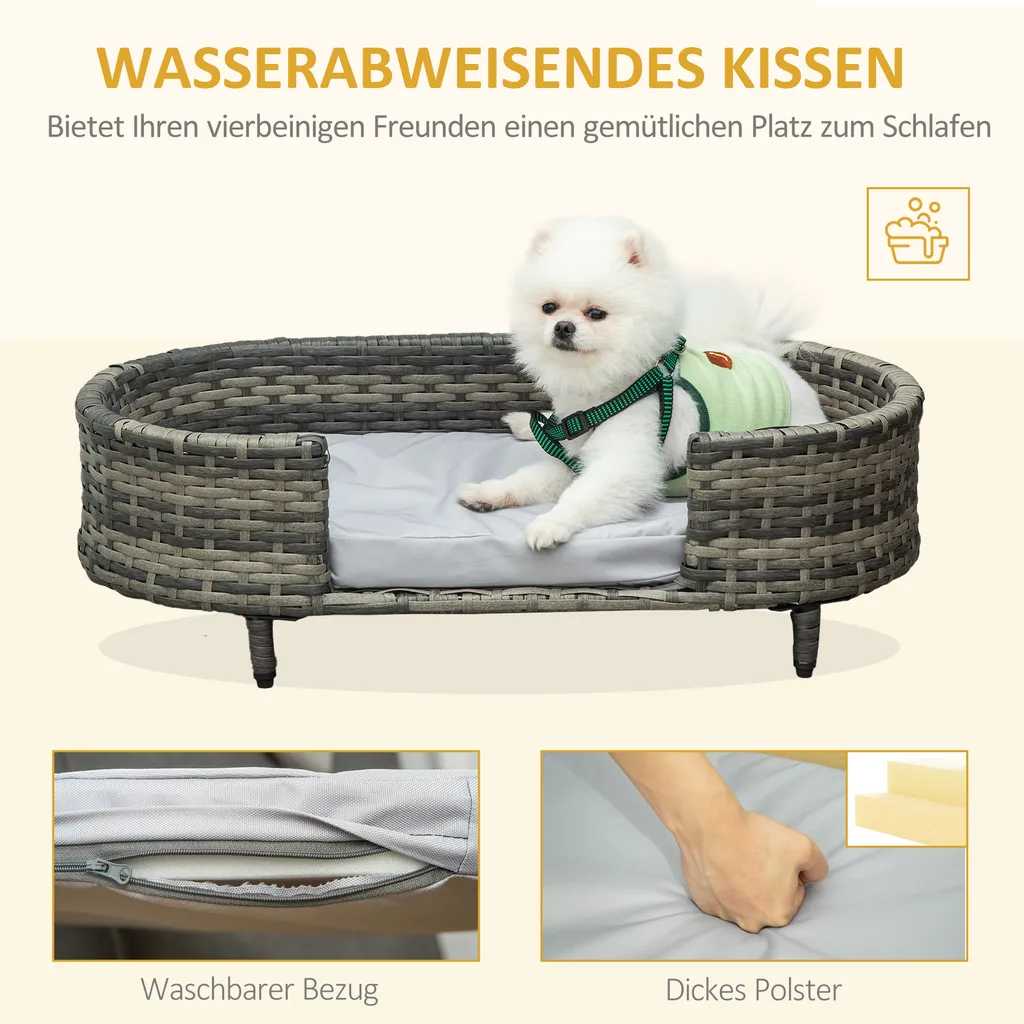 PawHut Hundesofa Rattan Haustiersofa Mit Kissen Hundebett Hundekorb Katzensofa Hundekörbchen Für Kleine Und Mittelgroße Hunde Erhöhtes Design Braun+Grau 74 X 42 X 21 Cm 4 PawHut Hundesofa Rattan Haustiersofa Mit Kissen Hundebett Hundekorb Katzensofa Hundekörbchen Für Kleine Und Mittelgroße Hunde Erhöhtes Design Braun+Grau 74 X 42 X 21 Cm – Bild 4