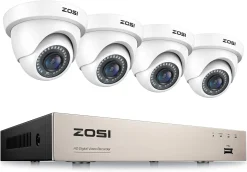 ZOSI 8CH H.265+ 1080P DVR Recorder Mit 4 Außen 1080P Weiß Dome Überwachungskamera Set Ohne Festplatte, 20M Nachtsicht