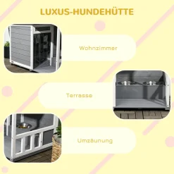 PawHut Hundehütte, Tannenholz, Hundehaus Mit 2 Schüsseln Und Terrasse, Kleintierhaus Für Kleine Hunde Mit Asphaltdach, Erhöhtes Design, Outdoor, Wetterbeständig, Grau, 103 X 62 X 60-66 Cm 15 PawHut Hundehütte, Tannenholz, Hundehaus Mit 2 Schüsseln Und Terrasse, Kleintierhaus Für Kleine Hunde Mit Asphaltdach, Erhöhtes Design, Outdoor, Wetterbeständig, Grau, 103 X 62 X 60-66 Cm -Garten- & Gewächshäuser Geschäft 201cbf05278743103c4ecabbb7b0fa64